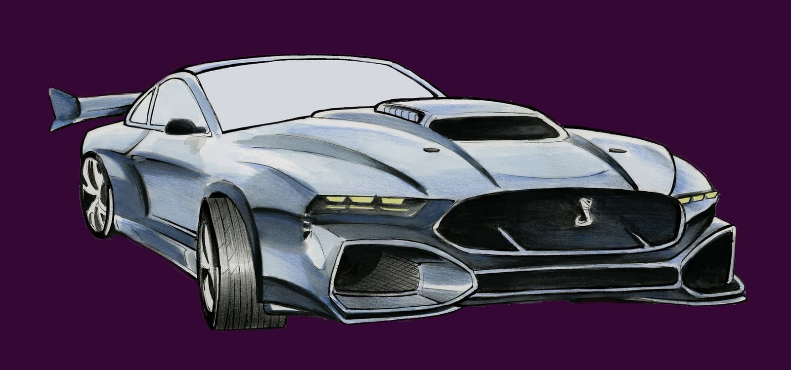 Caricatura ad acquerello di una Ford Mustang Shelby GT500, disegno originale di Sébastien Rieu